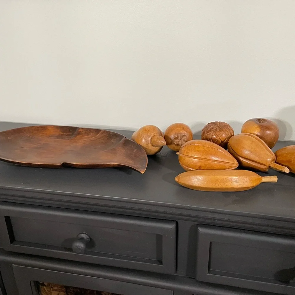 Vintage MCM Monkey Pod Wood Leaf Bowl and wooden fruit.Excellent retro - Picture 14 of 16